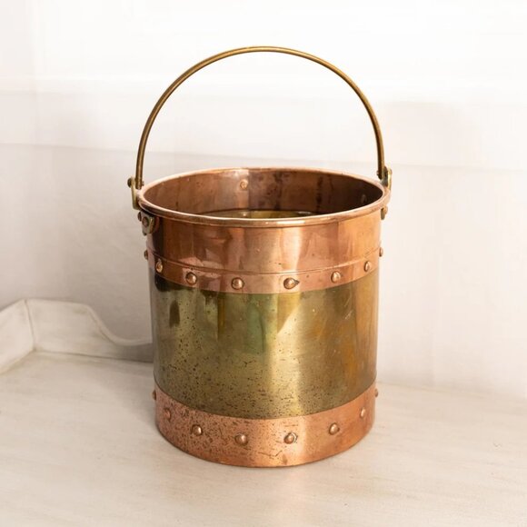 Vintage Large Gold Tone Brass and Copper Handled Bucket - Picture 1 of 8